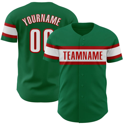 Custom Kelly Green White-Red Authentic Baseball Jersey - Main View