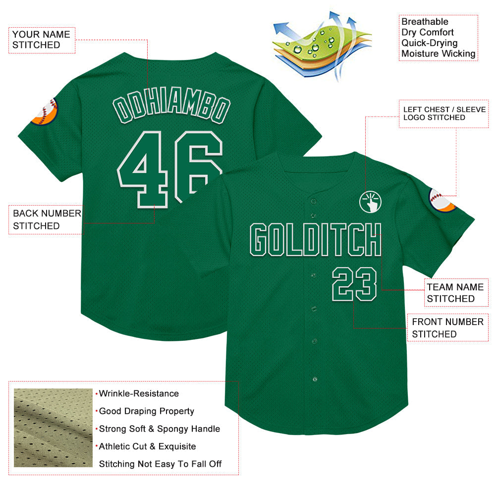 Custom Kelly Green White Mesh Authentic Throwback Baseball Jersey view 3