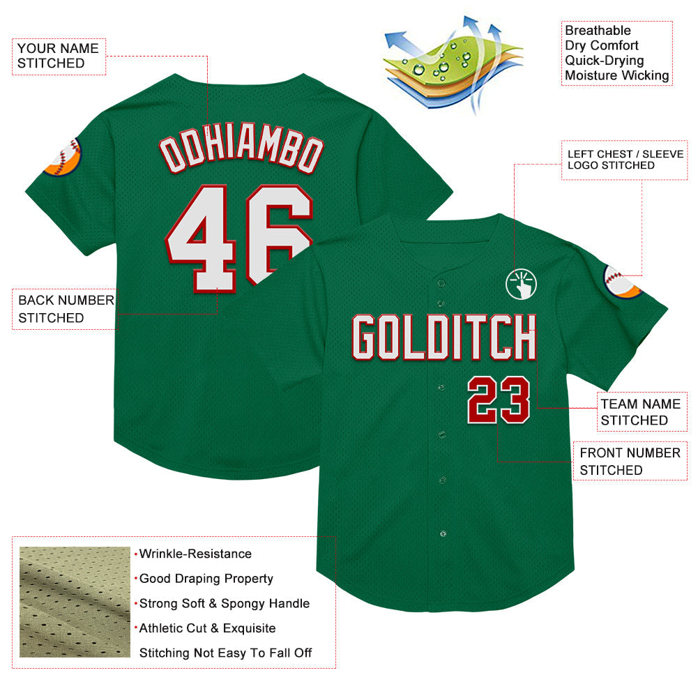 Custom Kelly Green White-Red Mesh Authentic Throwback Baseball Jersey view 3