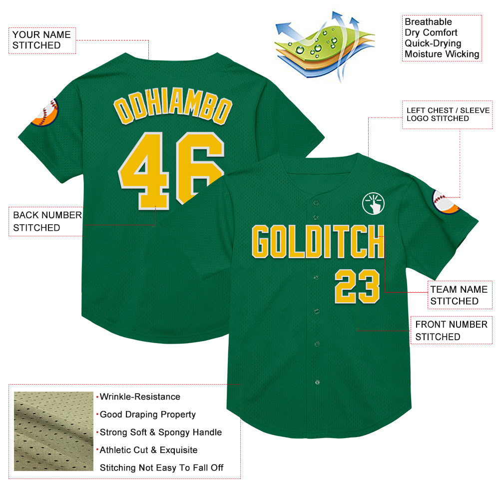 Custom Kelly Green Yellow-White Mesh Authentic Throwback Baseball Jersey view 3
