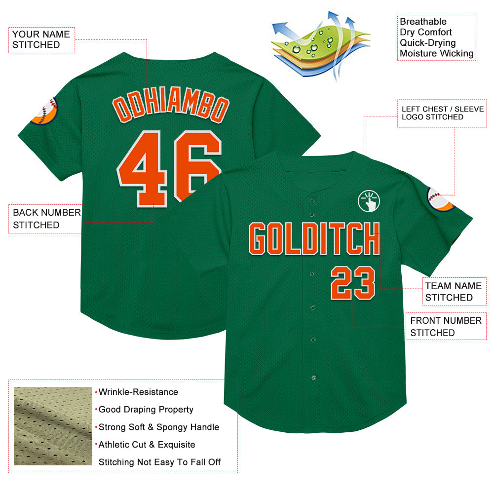 Custom Kelly Green Orange-White Mesh Authentic Throwback Baseball Jersey view 3