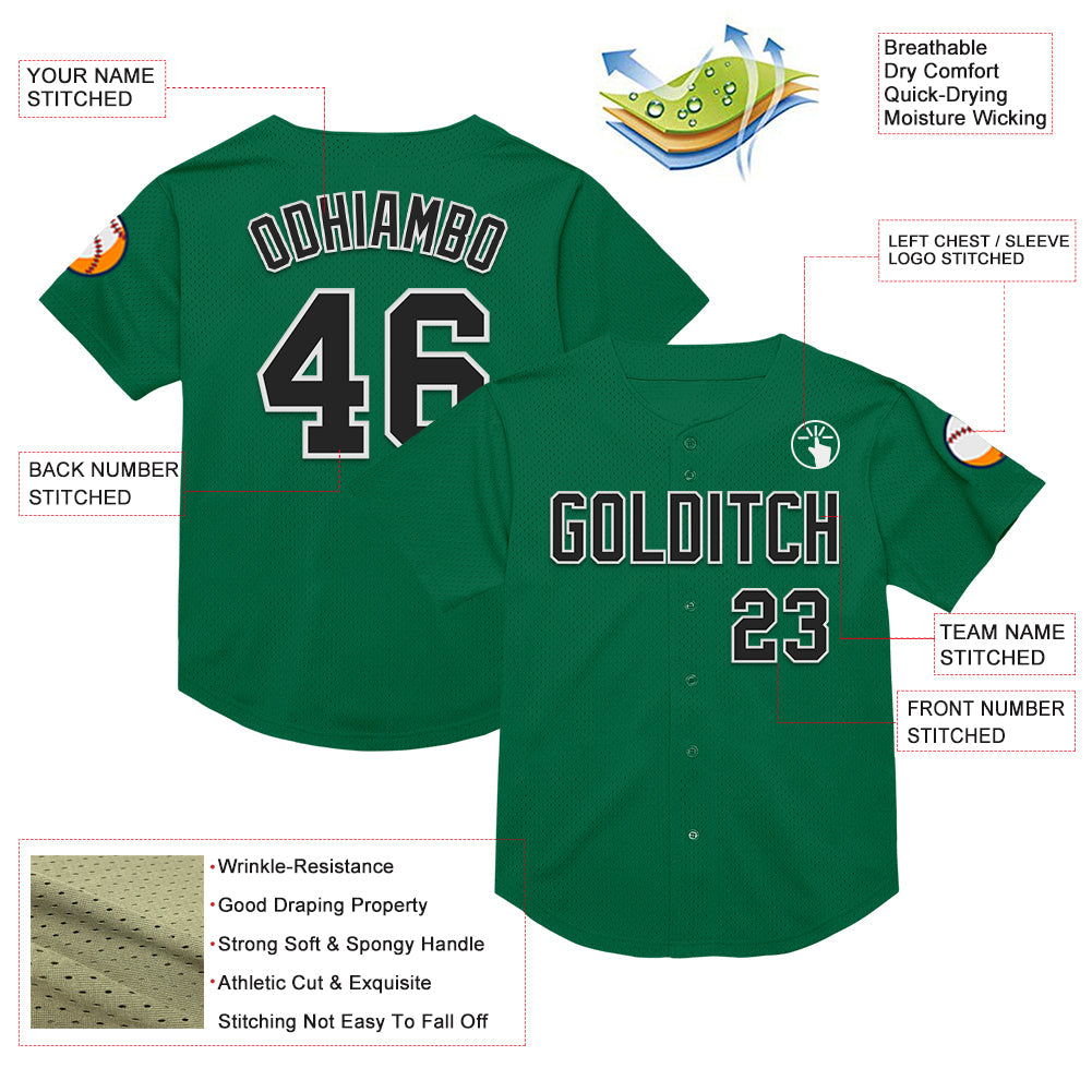 Custom Kelly Green Black-White Mesh Authentic Throwback Baseball Jersey view 3