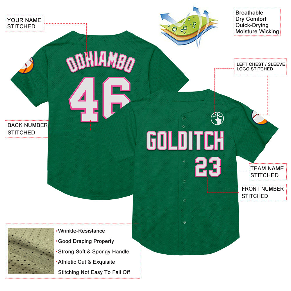 Custom Kelly Green White-Pink Mesh Authentic Throwback Baseball Jersey view 3