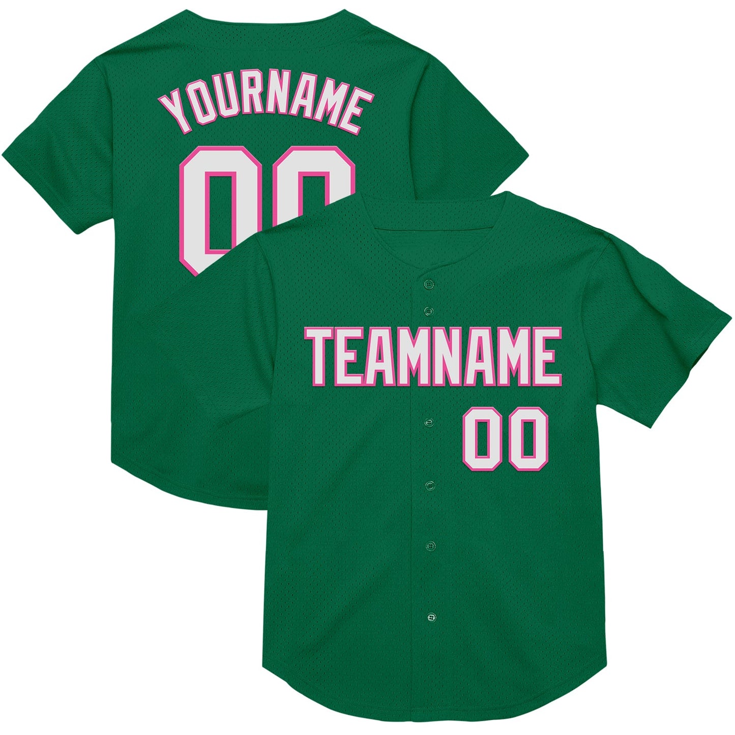 Custom Kelly Green White-Pink Mesh Authentic Throwback Baseball Jersey - Main View