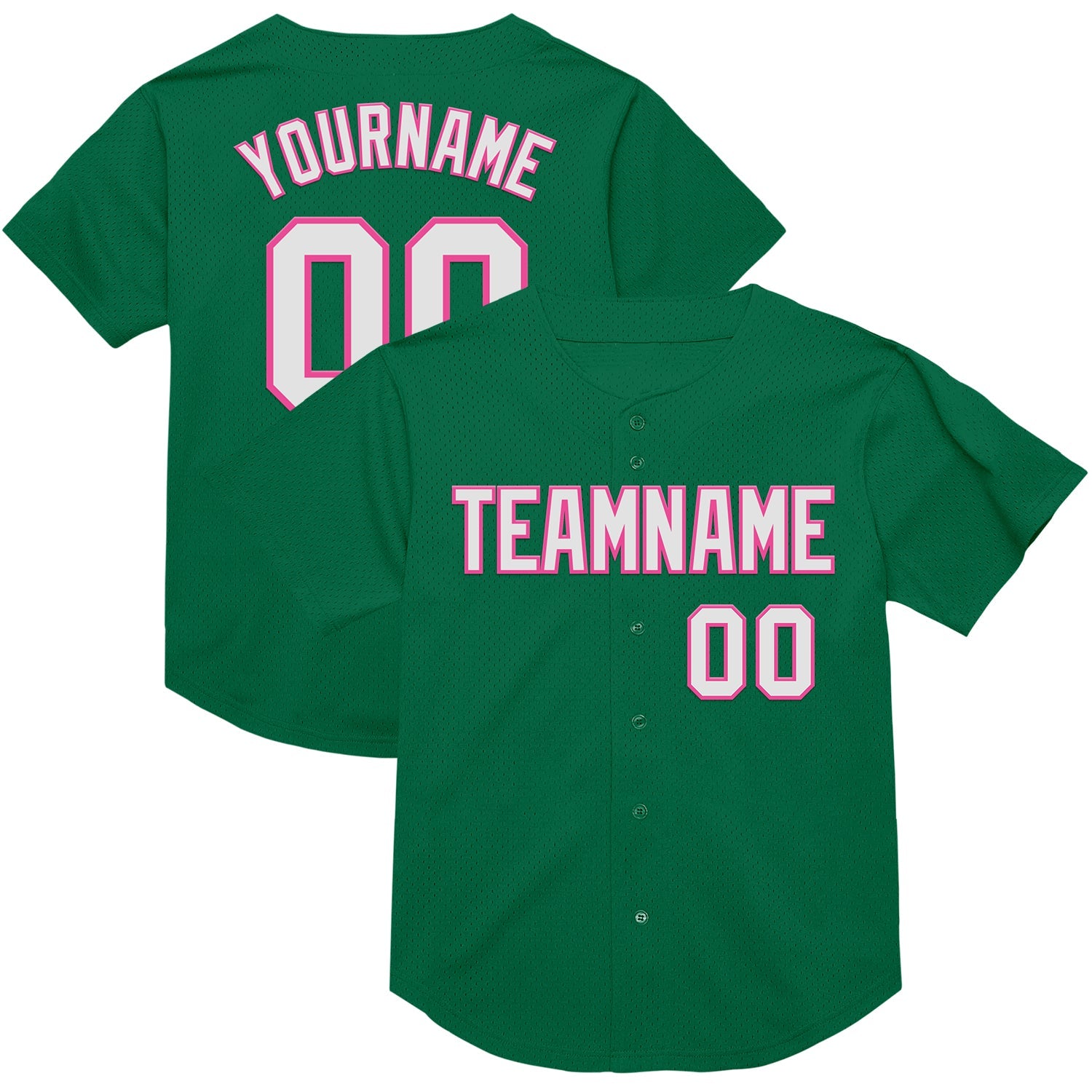 Custom Kelly Green White-Pink Mesh Authentic Throwback Baseball Jersey - Main View