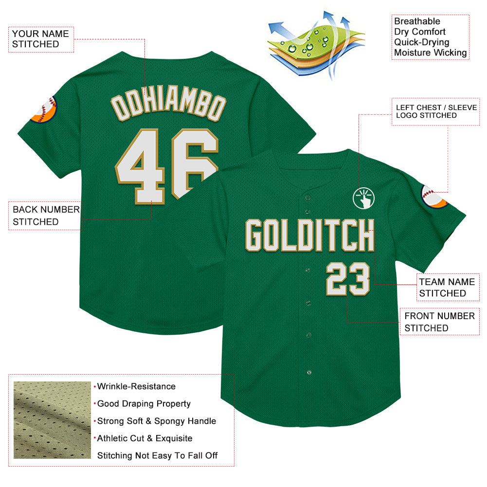 Custom Kelly Green White-Old Gold Mesh Authentic Throwback Baseball Jersey view 3