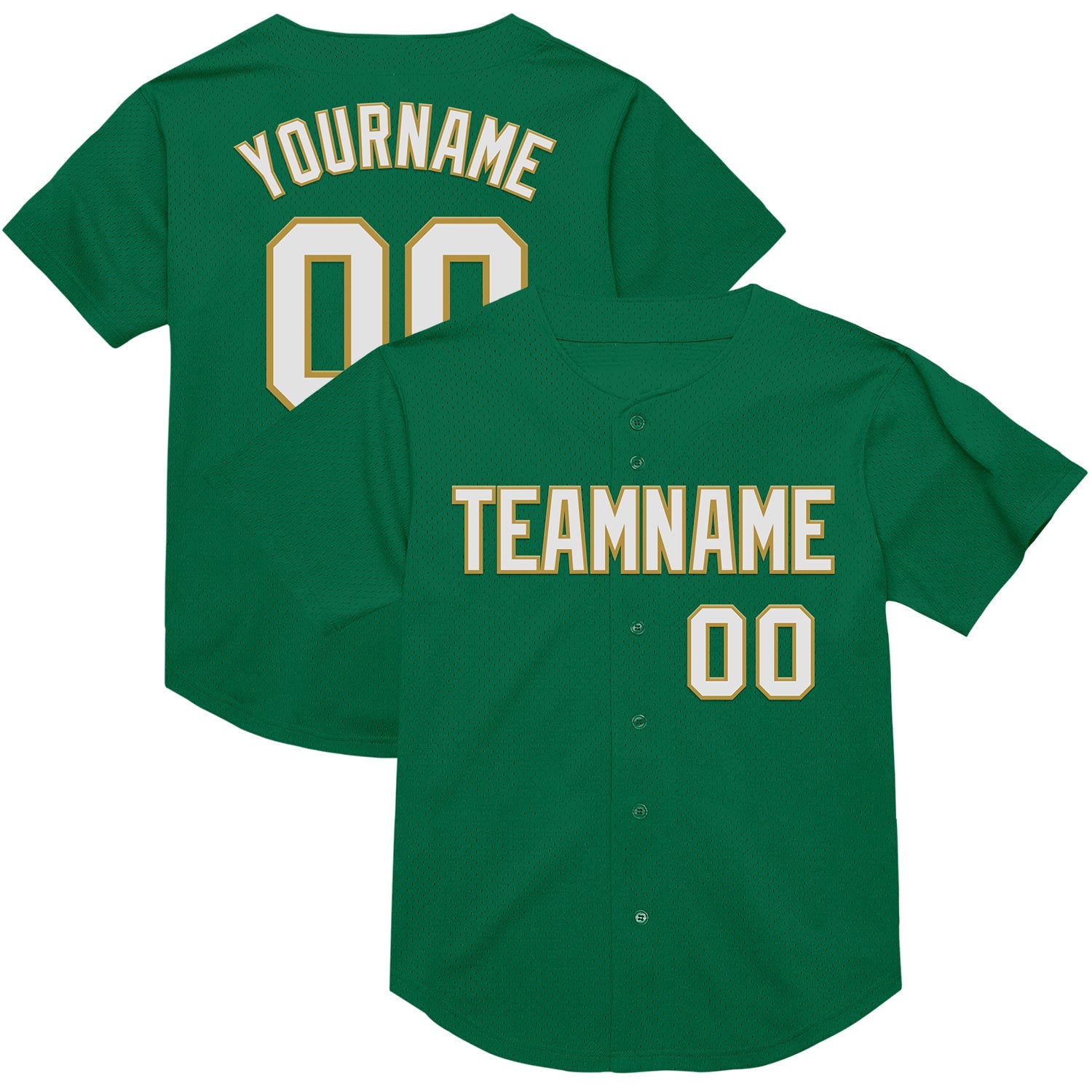 Custom Kelly Green White-Old Gold Mesh Authentic Throwback Baseball Jersey - Main View