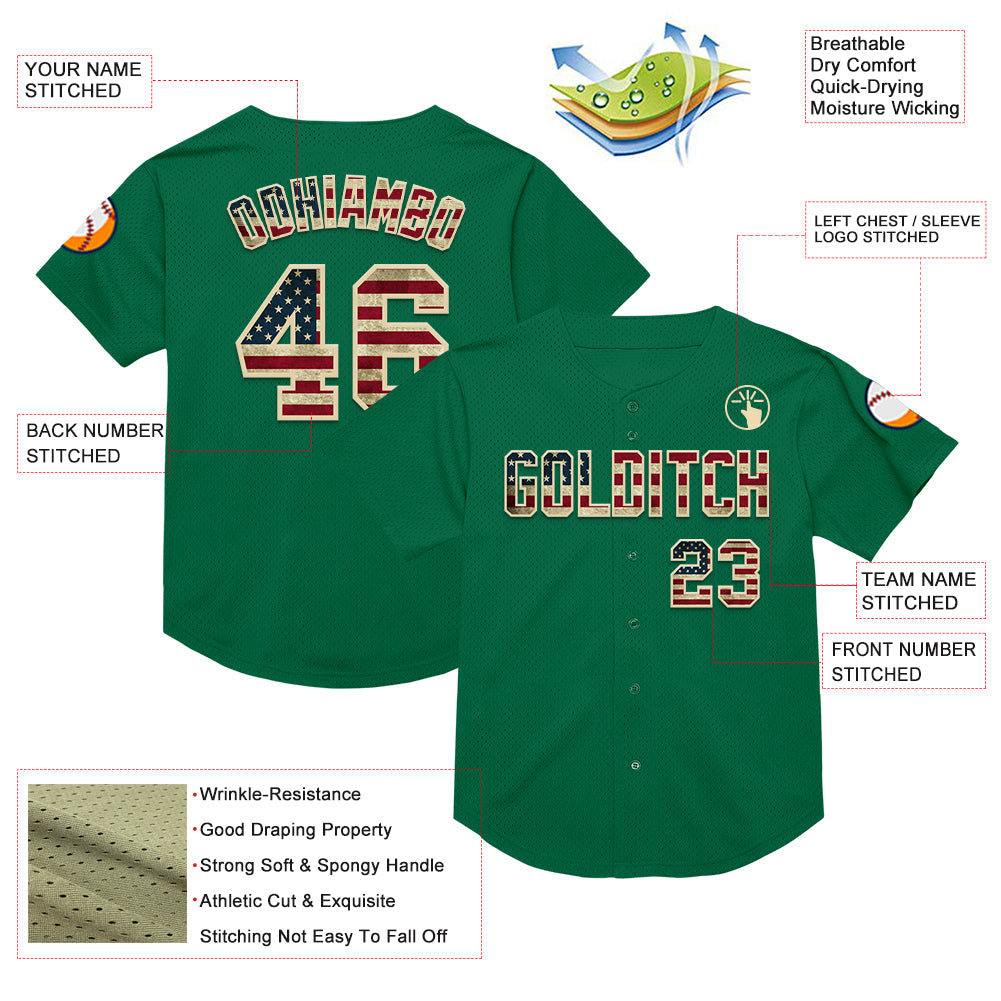 Custom Kelly Green Vintage USA Flag-Cream Mesh Authentic Throwback Baseball Jersey view 3