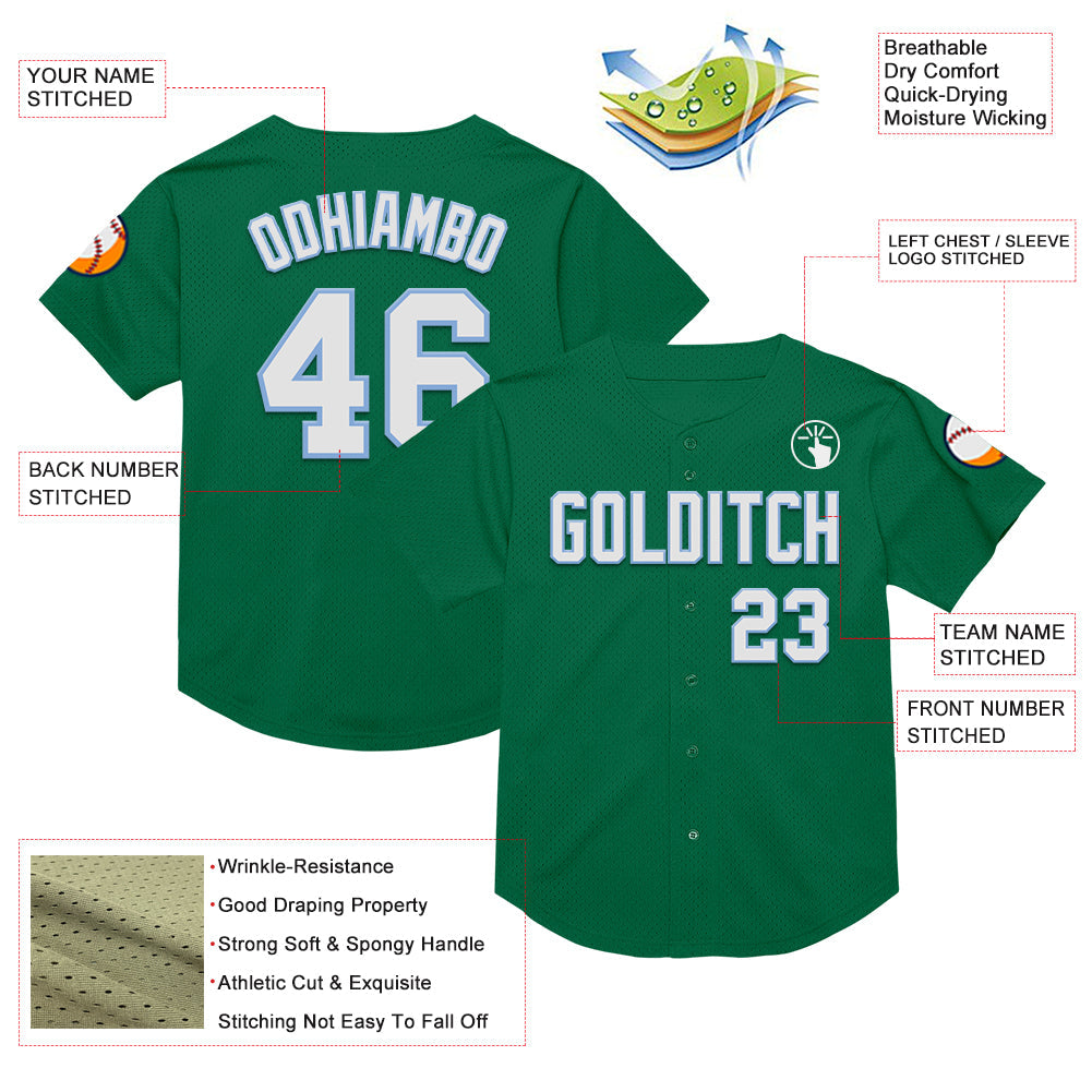 Custom Kelly Green White-Light Blue Mesh Authentic Throwback Baseball Jersey view 3
