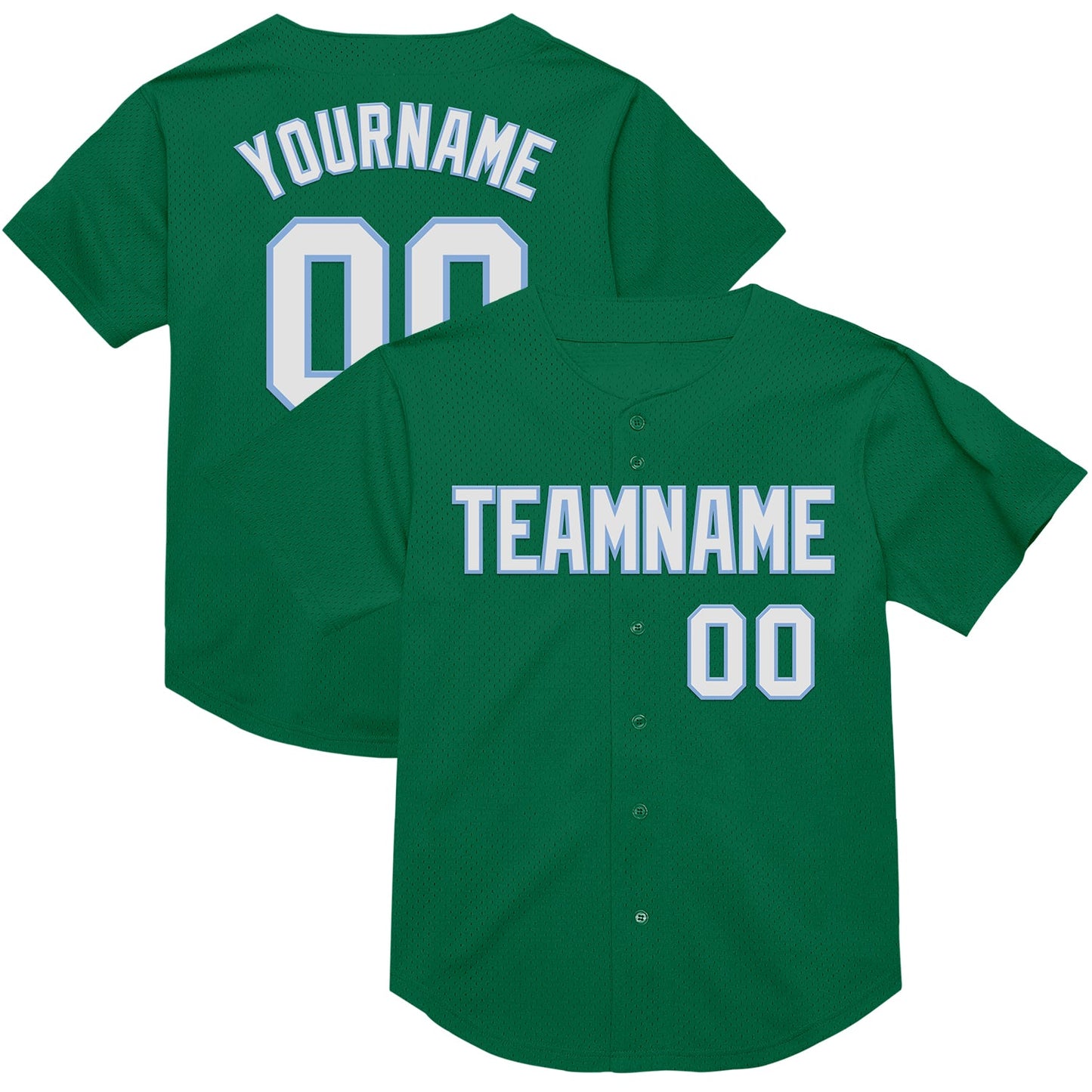 Custom Kelly Green White-Light Blue Mesh Authentic Throwback Baseball Jersey - Main View