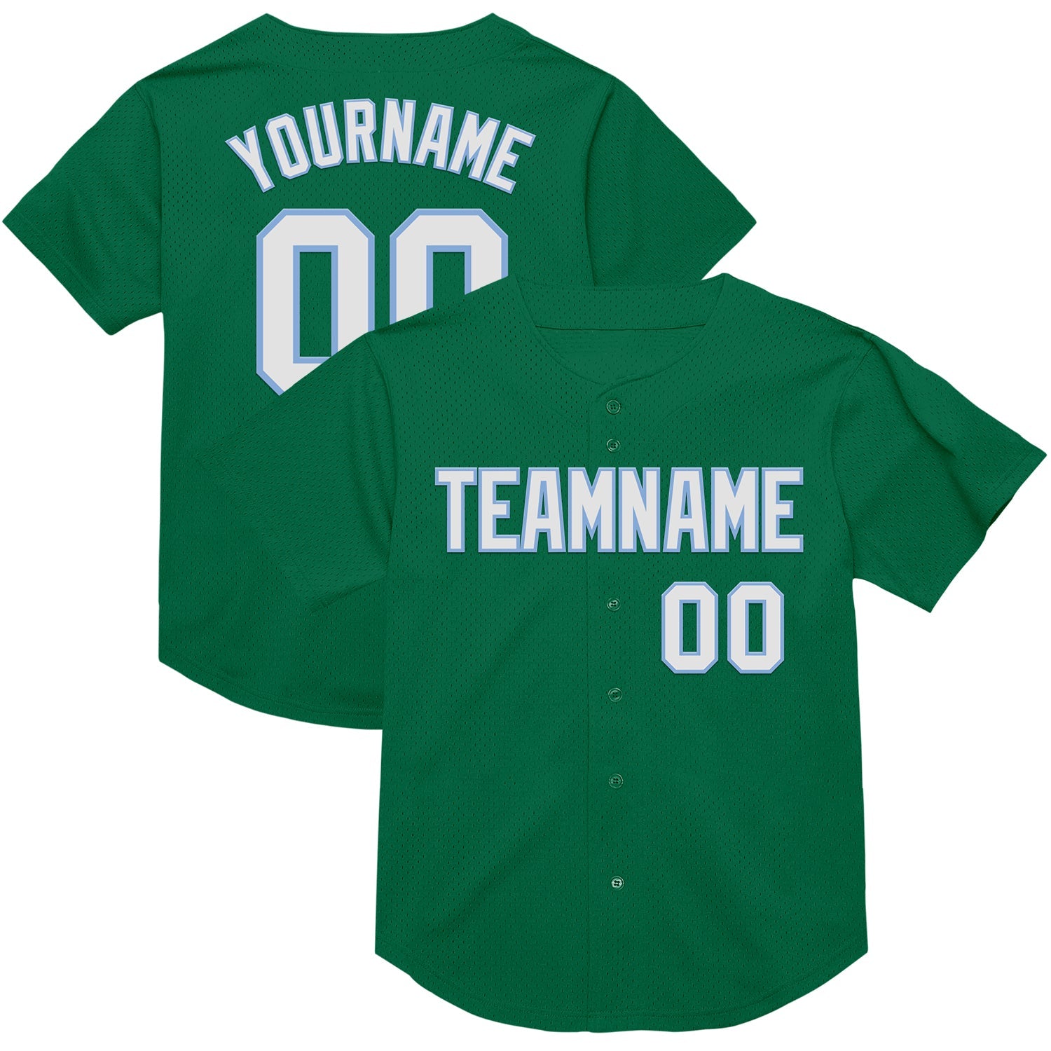Custom Kelly Green White-Light Blue Mesh Authentic Throwback Baseball Jersey - Main View