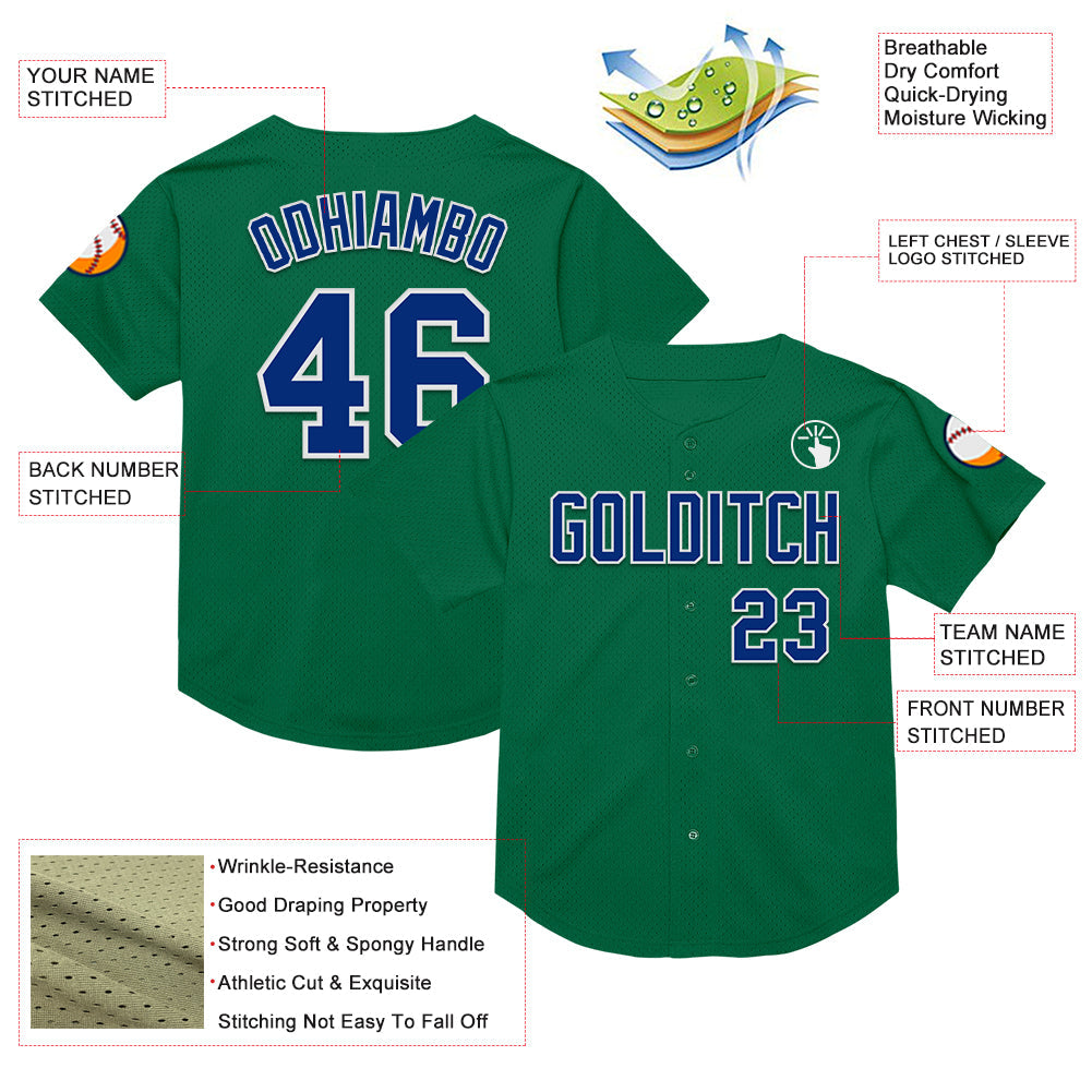 Custom Kelly Green Royal-White Mesh Authentic Throwback Baseball Jersey view 3