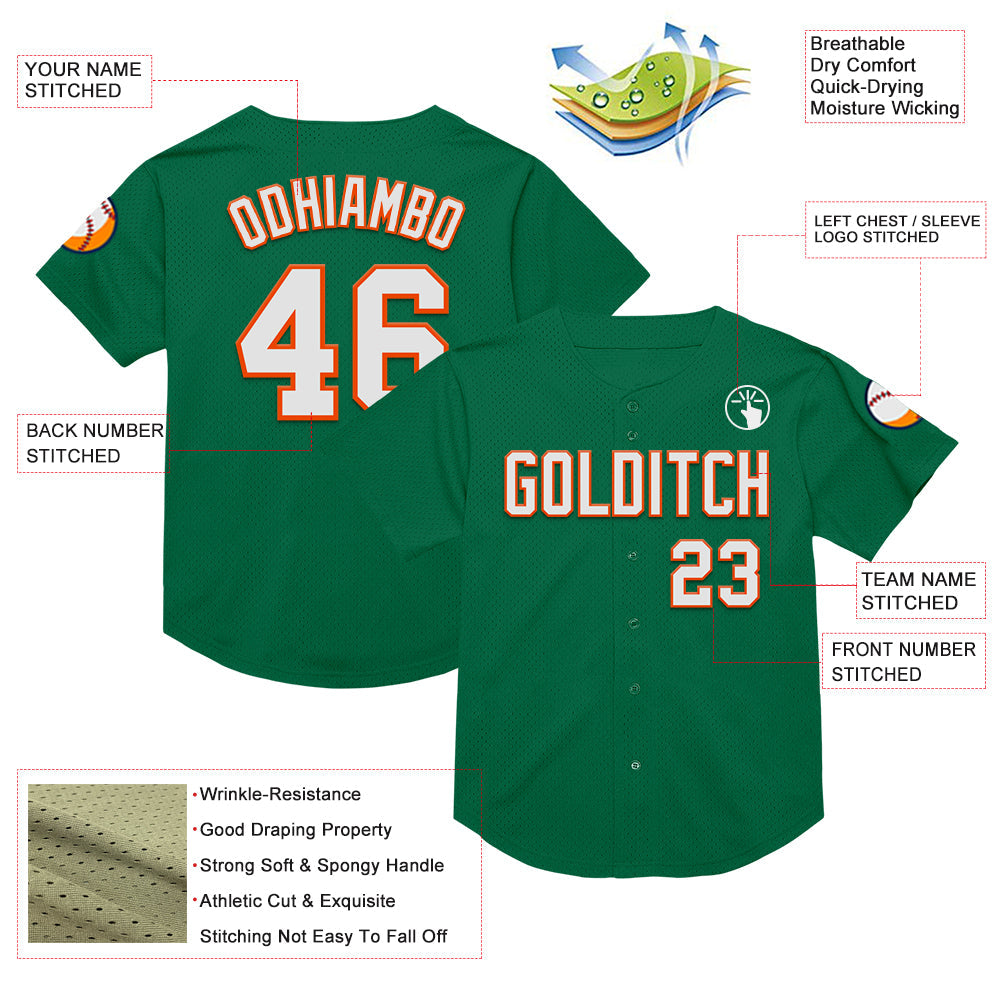 Custom Kelly Green White-Orange Mesh Authentic Throwback Baseball Jersey view 3