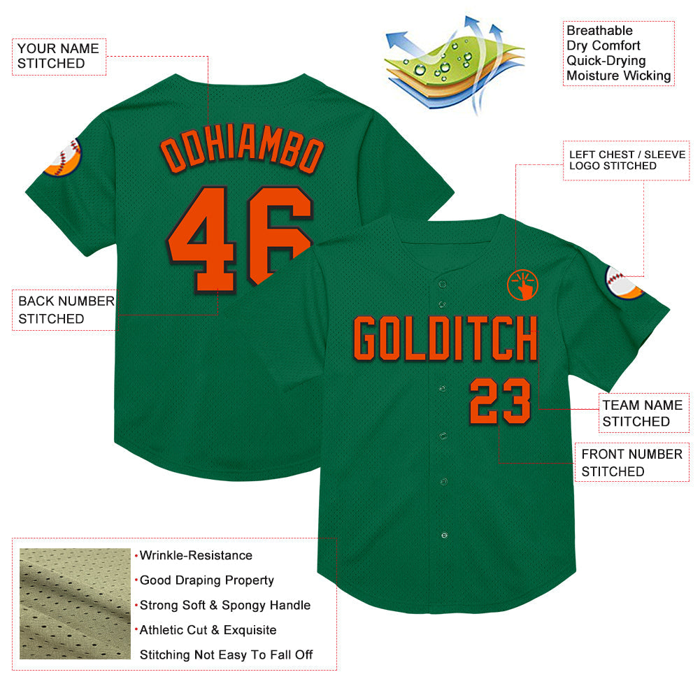 Custom Kelly Green Orange-Black Mesh Authentic Throwback Baseball Jersey view 3