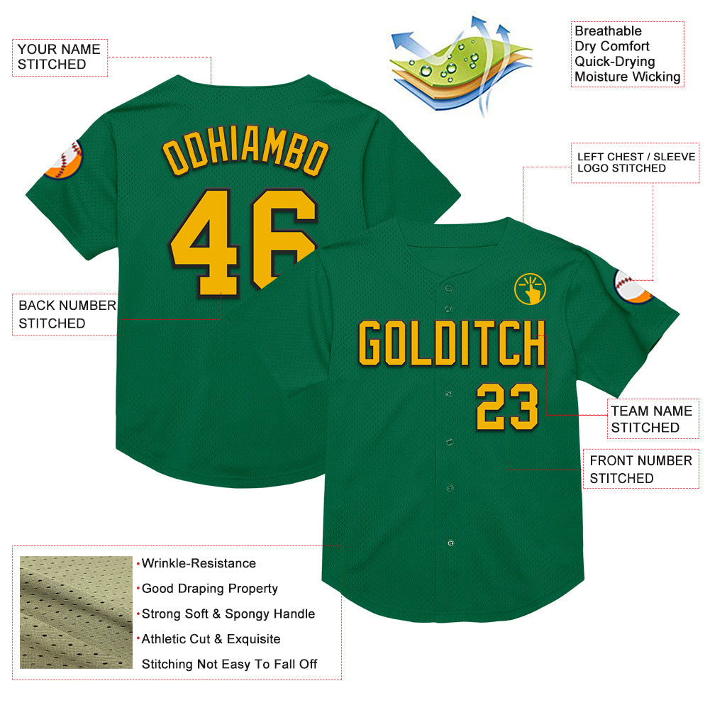 Custom Kelly Green Gold-Black Mesh Authentic Throwback Baseball Jersey view 3