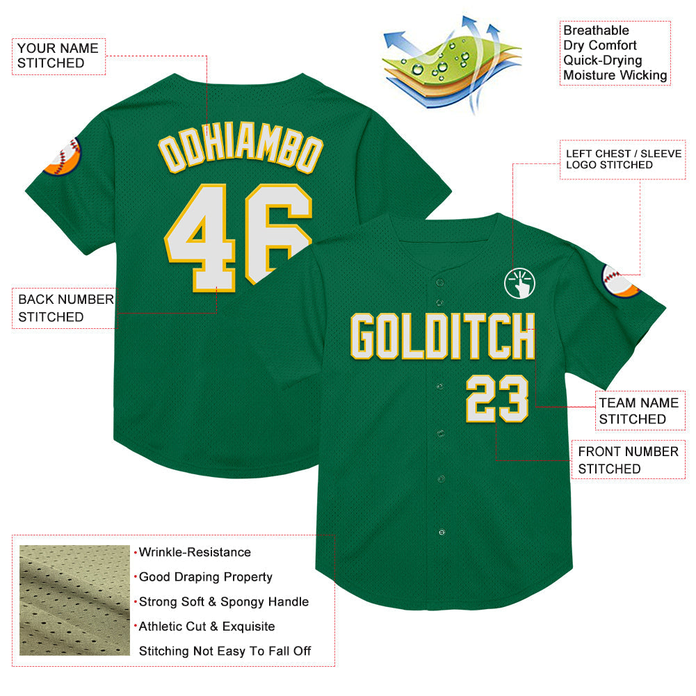 Custom Kelly Green White-Yellow Mesh Authentic Throwback Baseball Jersey view 3