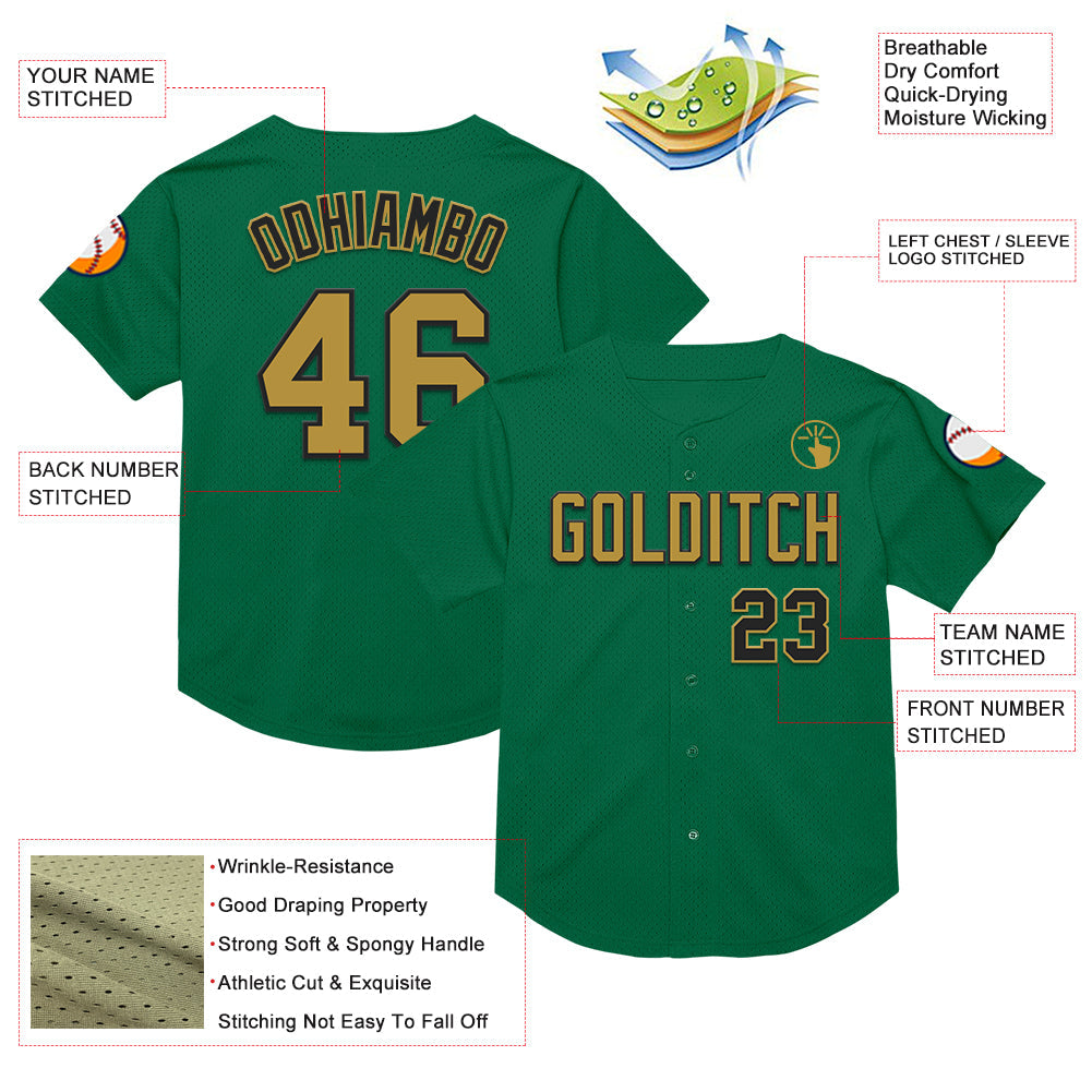 Custom Kelly Green Old Gold-Black Mesh Authentic Throwback Baseball Jersey view 3