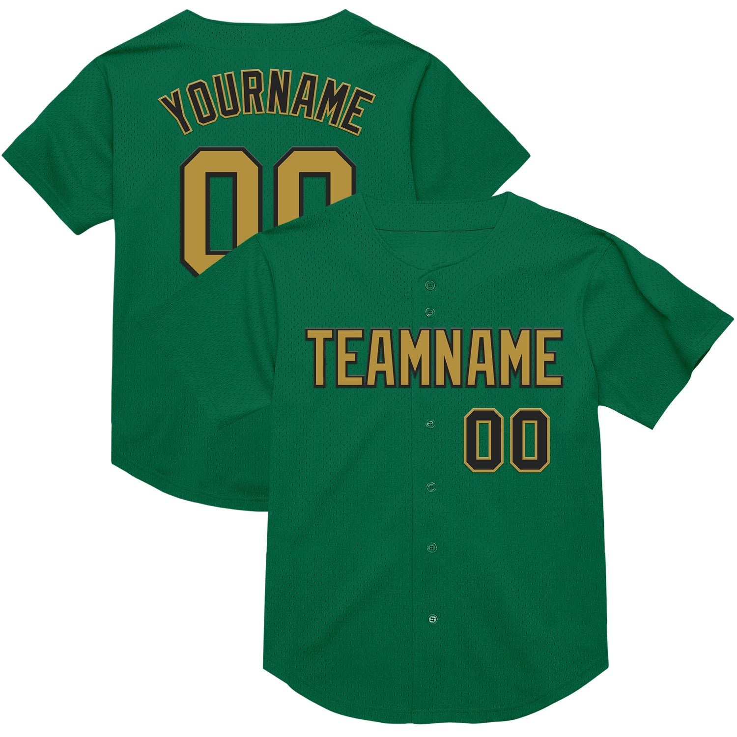 Custom Kelly Green Old Gold-Black Mesh Authentic Throwback Baseball Jersey - Main View