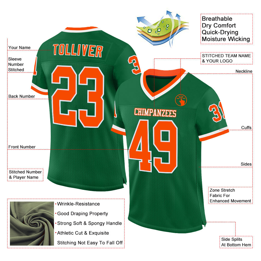 Custom Kelly Green Orange-White Mesh Authentic Throwback Football Jersey view 2