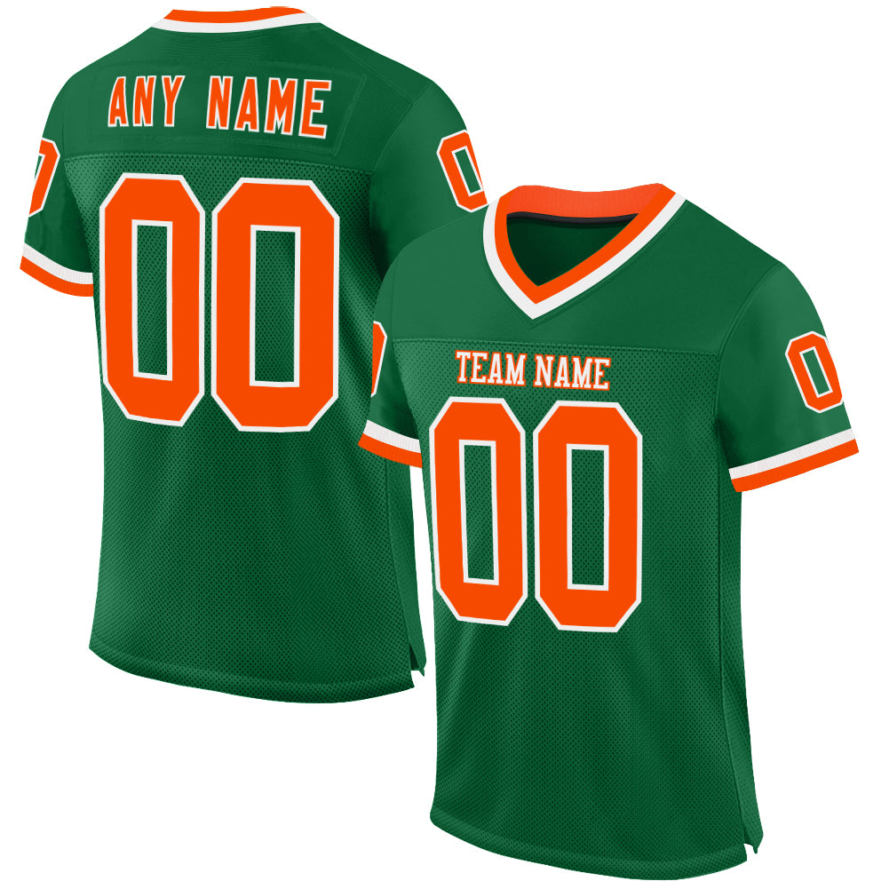 Custom Kelly Green Orange-White Mesh Authentic Throwback Football Jersey - Main View