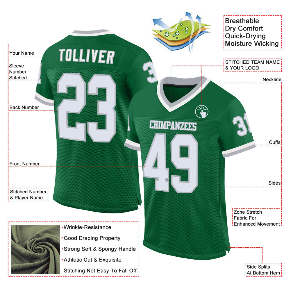 Custom Kelly Green White-Gray Mesh Authentic Throwback Football Jersey view 2