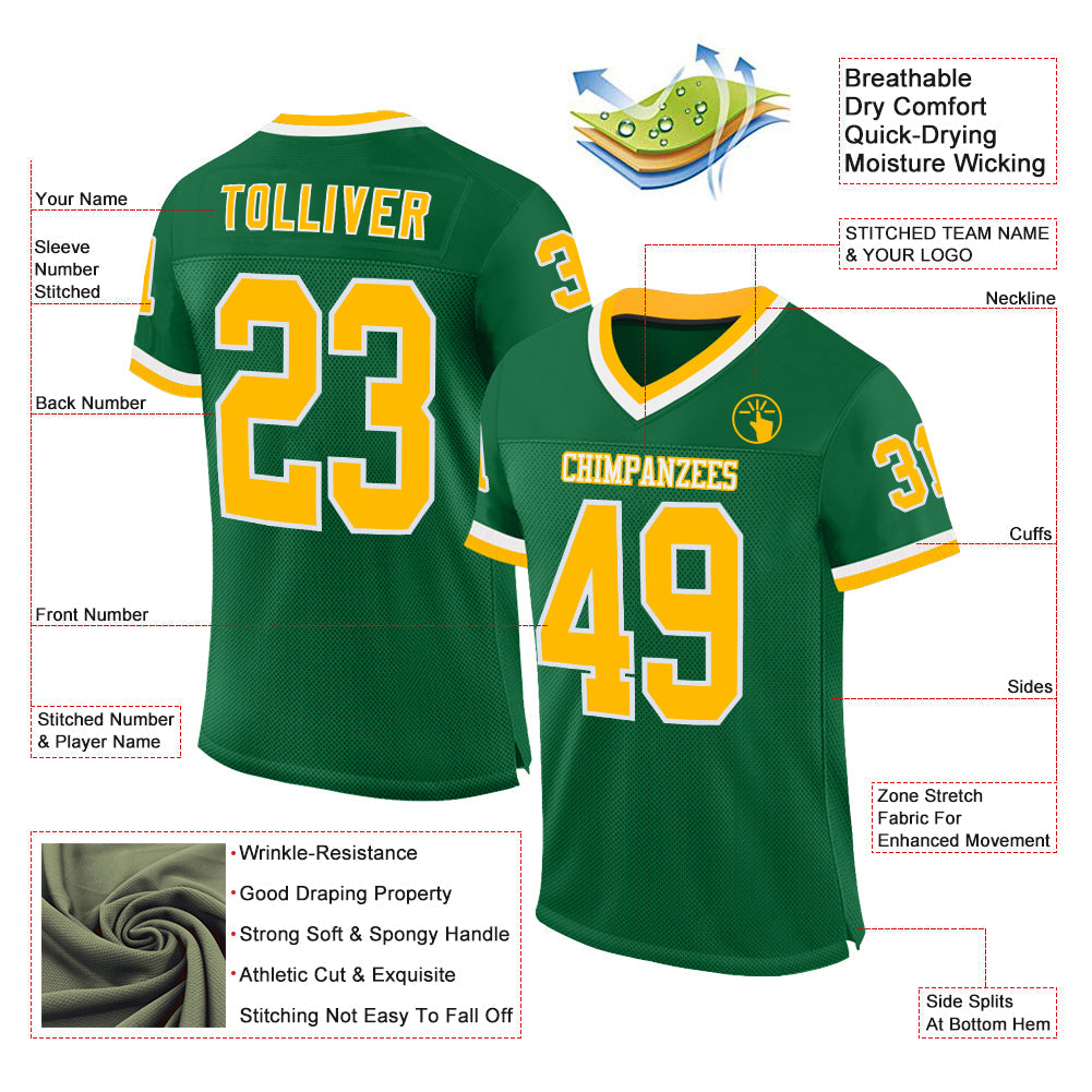 Custom Kelly Green Gold-White Mesh Authentic Throwback Football Jersey view 2
