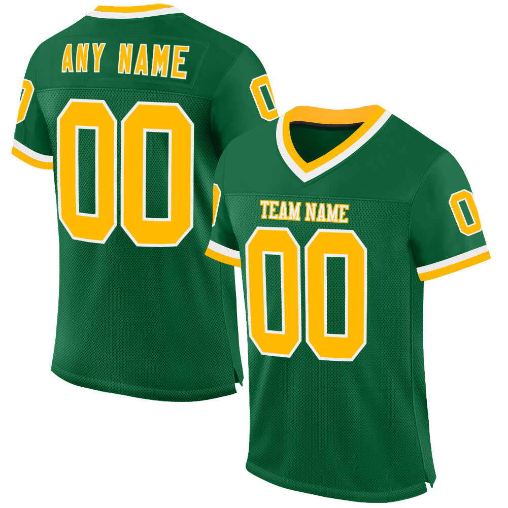 Custom Kelly Green Gold-White Mesh Authentic Throwback Football Jersey - Main View
