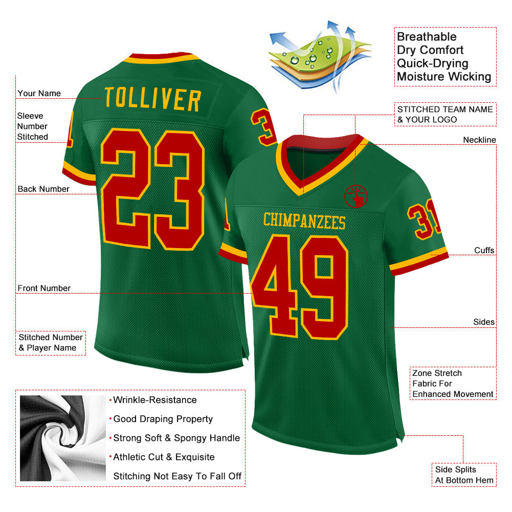 Custom Kelly Green Red-Gold Mesh Authentic Throwback Football Jersey view 2