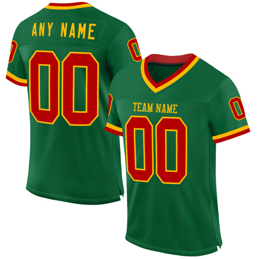 Custom Kelly Green Red-Gold Mesh Authentic Throwback Football Jersey - Main View