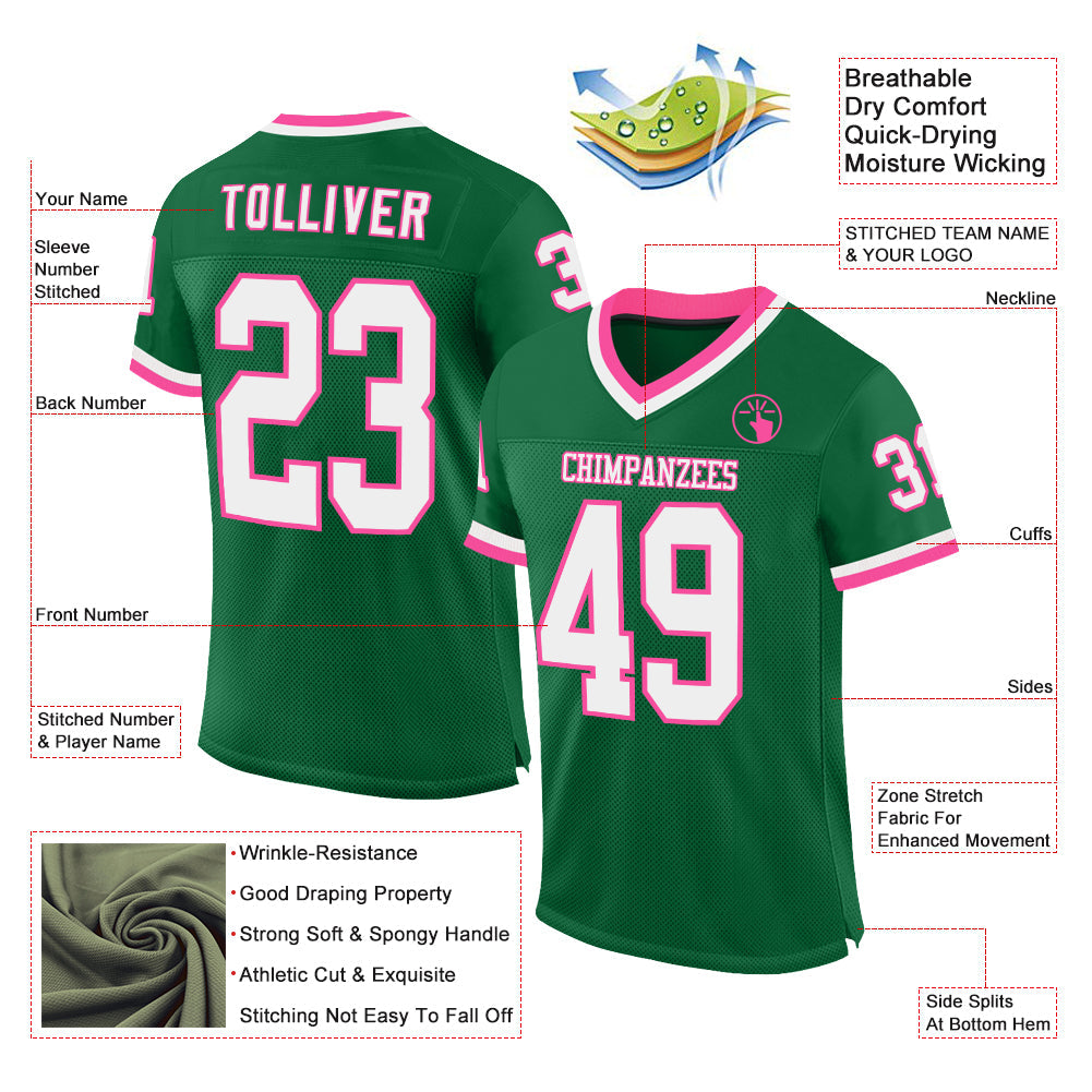 Custom Kelly Green White-Pink Mesh Authentic Throwback Football Jersey view 2