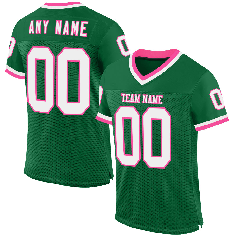 Custom Kelly Green White-Pink Mesh Authentic Throwback Football Jersey - Main View