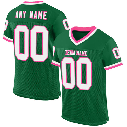 Custom Kelly Green White-Pink Mesh Authentic Throwback Football Jersey - Main View