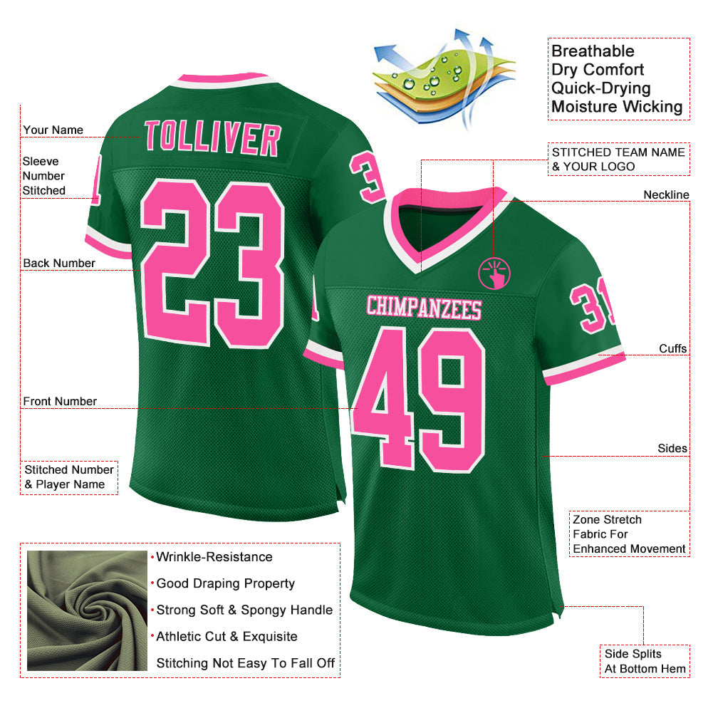 Custom Kelly Green Pink-White Mesh Authentic Throwback Football Jersey view 2