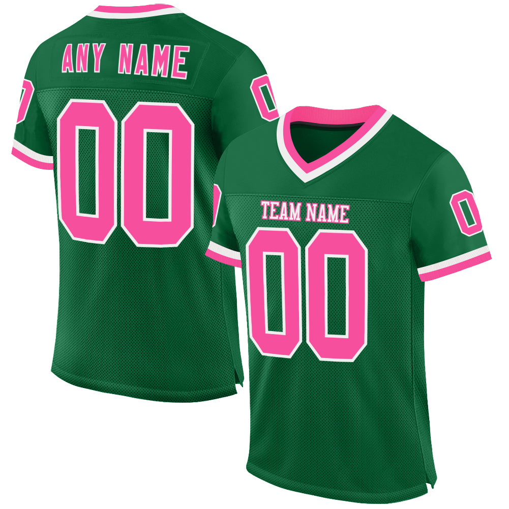 Custom Kelly Green Pink-White Mesh Authentic Throwback Football Jersey - Main View