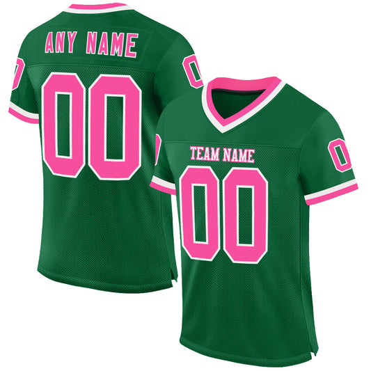 Custom Kelly Green Pink-White Mesh Authentic Throwback Football Jersey - Main View