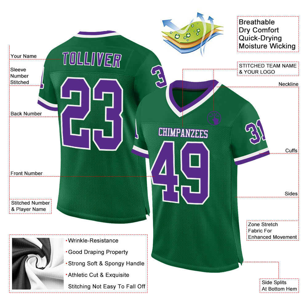 Custom Kelly Green Purple-White Mesh Authentic Throwback Football Jersey view 2