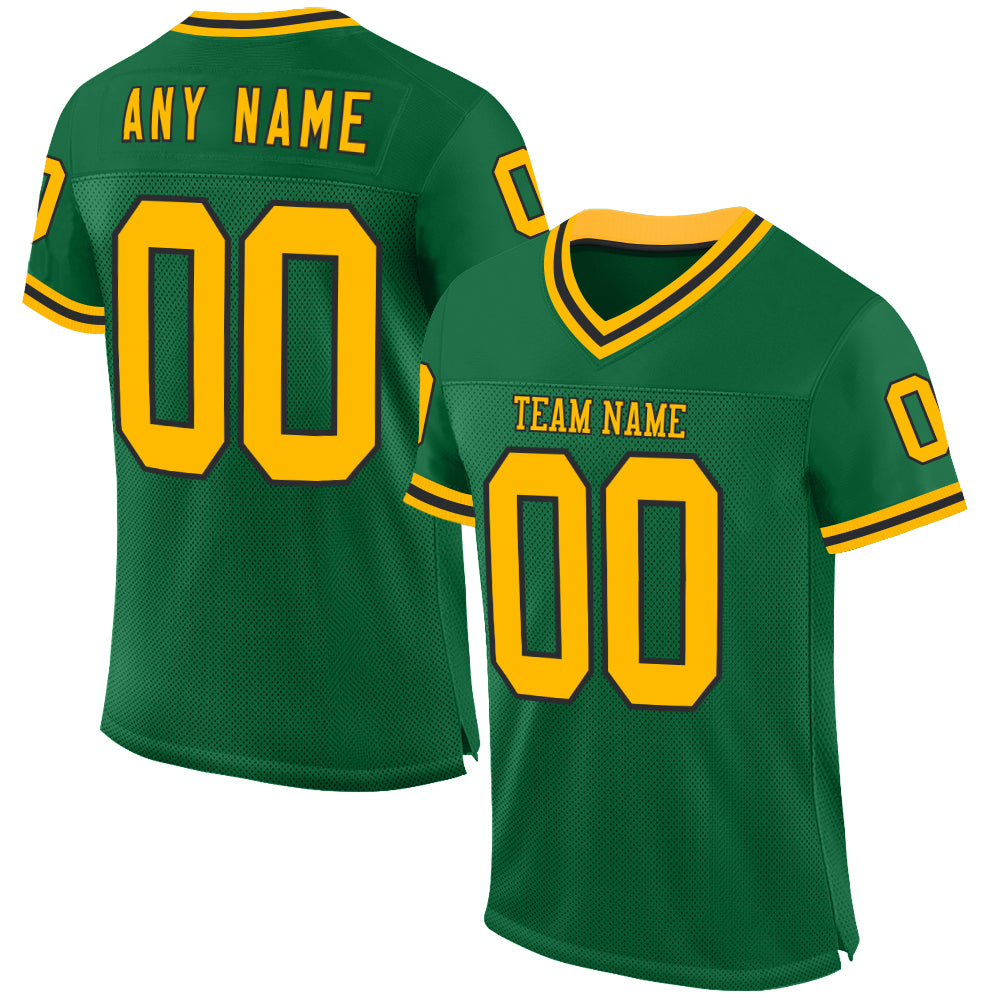 Custom Kelly Green Gold-Black Mesh Authentic Throwback Football Jersey - Main View