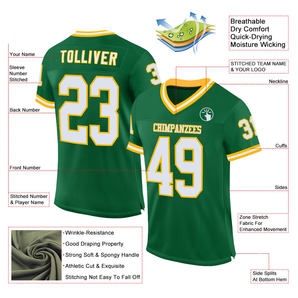 Custom Kelly Green White-Gold Mesh Authentic Throwback Football Jersey view 2