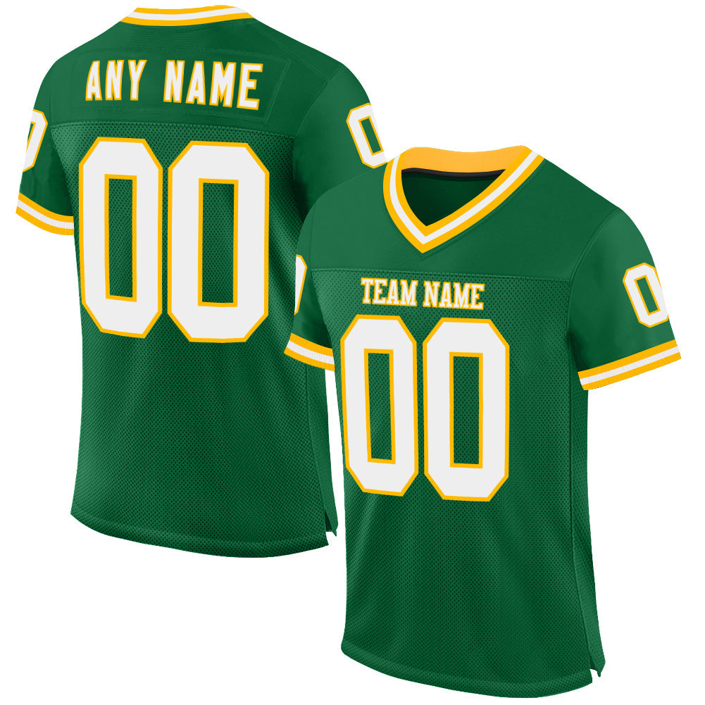 Custom Kelly Green White-Gold Mesh Authentic Throwback Football Jersey - Main View