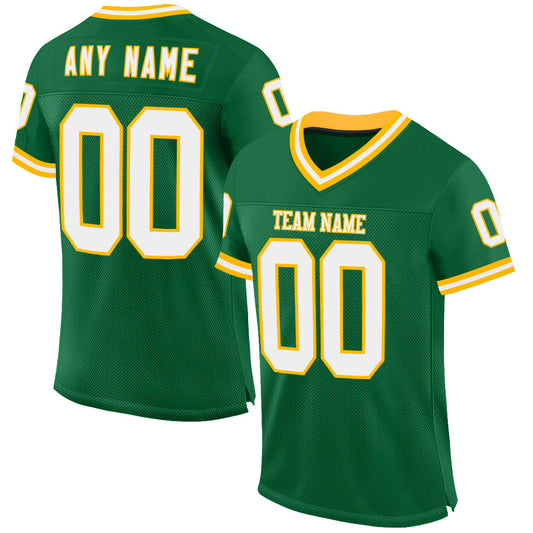 Custom Kelly Green White-Gold Mesh Authentic Throwback Football Jersey - Main View