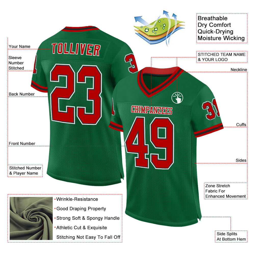 Custom Kelly Green Red-Black Mesh Authentic Throwback Football Jersey view 2
