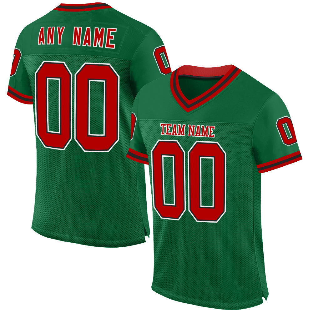 Custom Kelly Green Red-Black Mesh Authentic Throwback Football Jersey - Main View