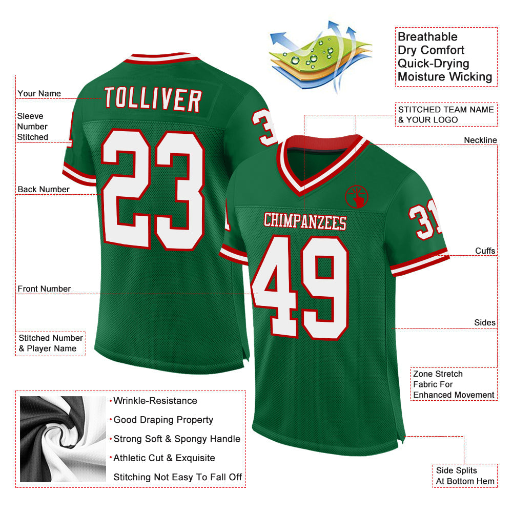 Custom Kelly Green White-Red Mesh Authentic Throwback Football Jersey view 2
