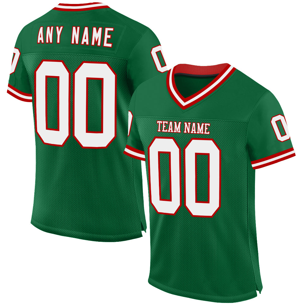 Custom Kelly Green White-Red Mesh Authentic Throwback Football Jersey - Main View