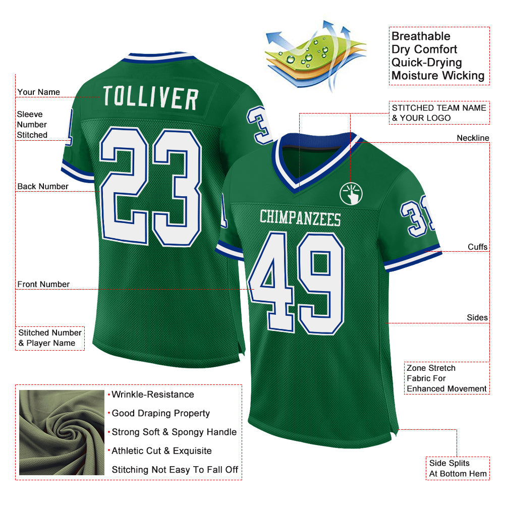 Custom Kelly Green White-Royal Mesh Authentic Throwback Football Jersey view 2