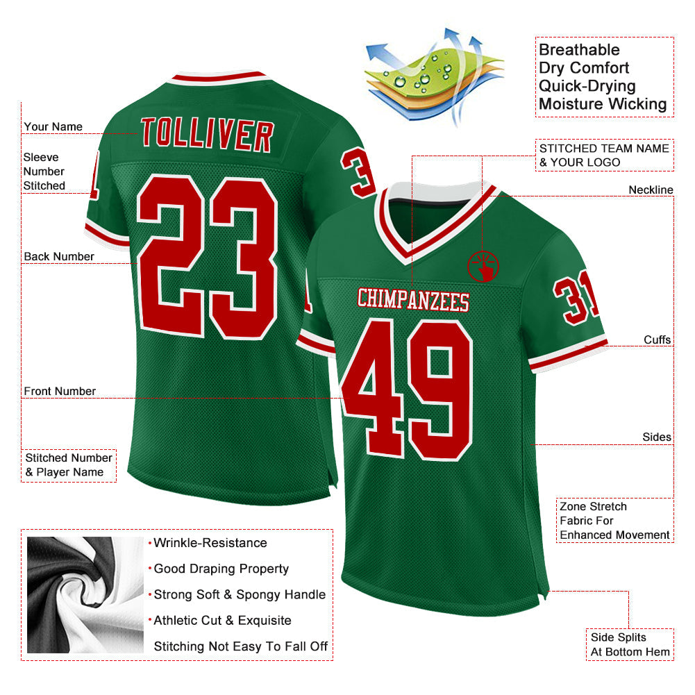 Custom Kelly Green Red-White Mesh Authentic Throwback Football Jersey view 2