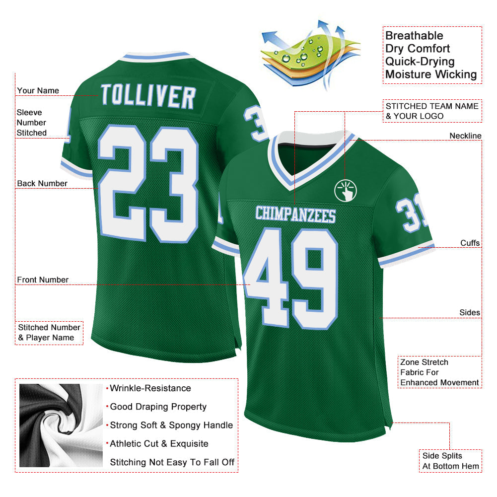 Custom Kelly Green White-Light Blue Mesh Authentic Throwback Football Jersey view 2