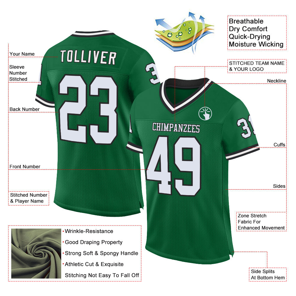 Custom Kelly Green White-Black Mesh Authentic Throwback Football Jersey view 2