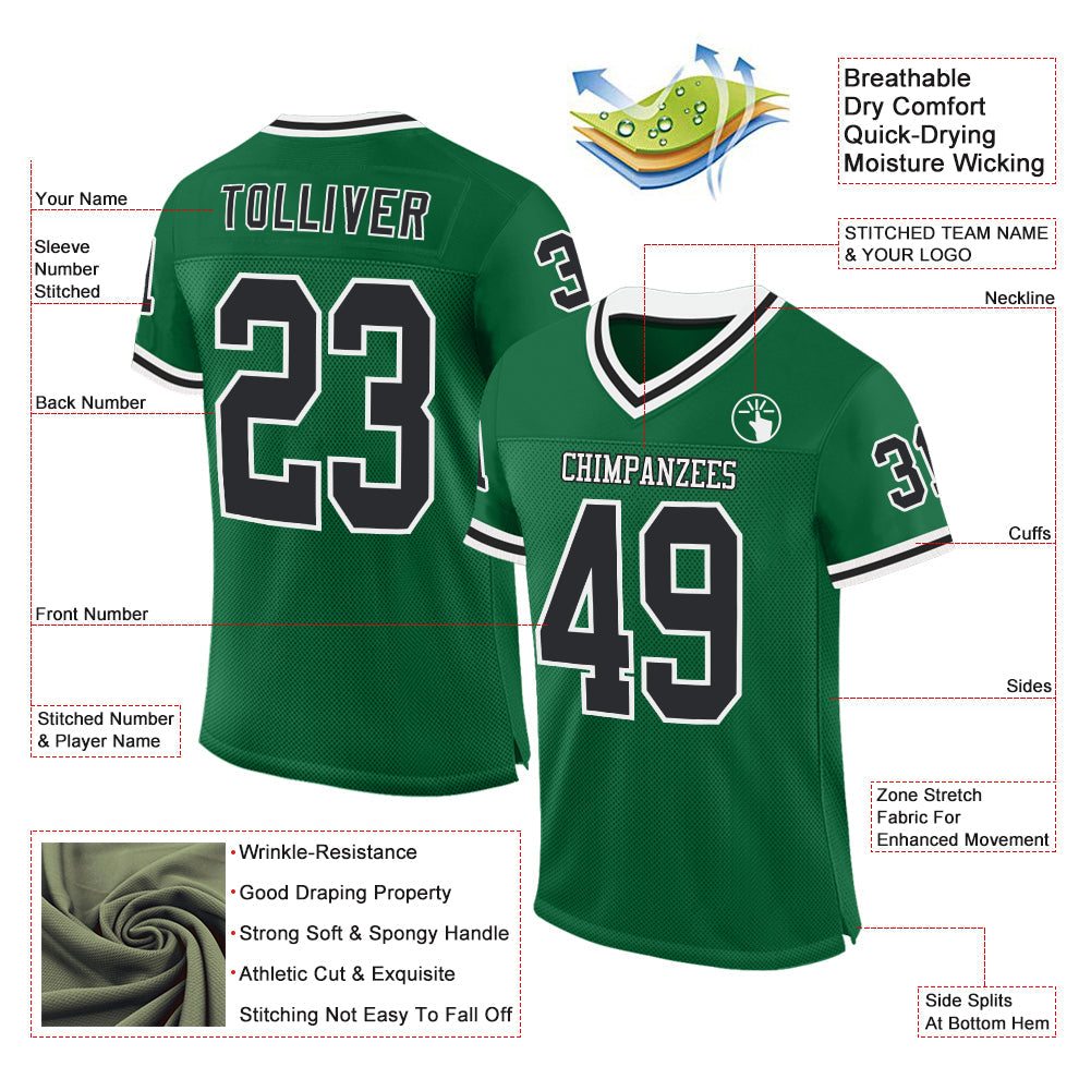 Custom Kelly Green Black-White Mesh Authentic Throwback Football Jersey view 2