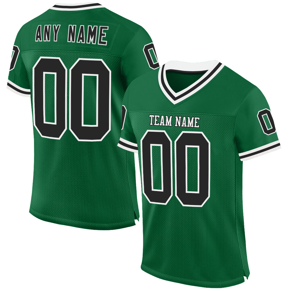 Custom Kelly Green Black-White Mesh Authentic Throwback Football Jersey - Main View